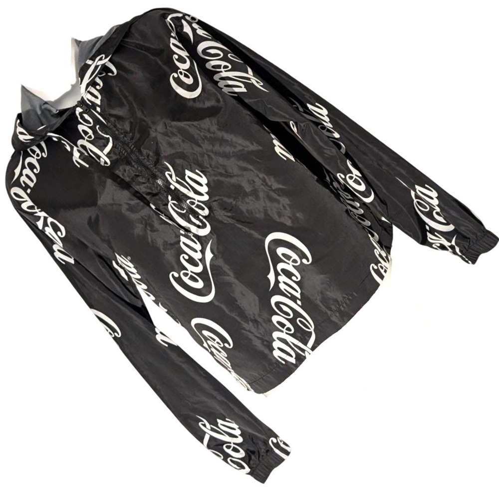 COCA COLA logo windbreaker black white 1/2 zip pullover hood L large see mez